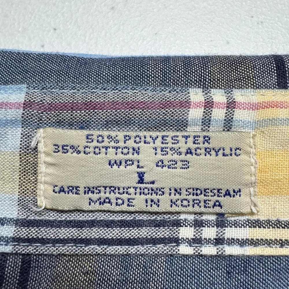 VTG Levis Shirt Mens Large Blue Yellow Plaid Button Up Long Sleeve Western Korea